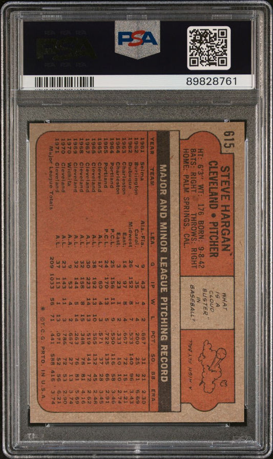1972 Topps Baseball #615 - Steve Hargan - PSA 9 - MINT