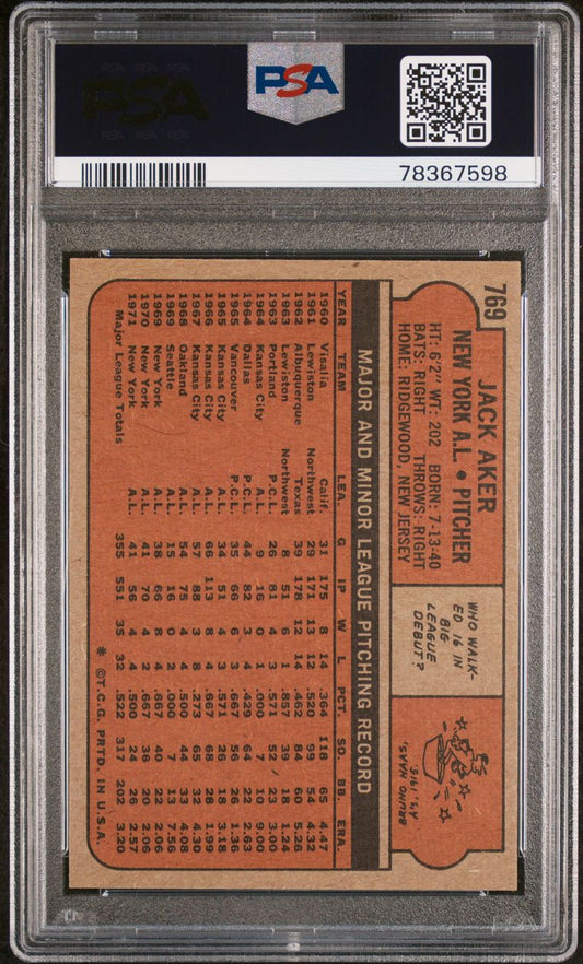 1972 Topps Baseball #769 - Jack Aker - PSA 8 - NMMT