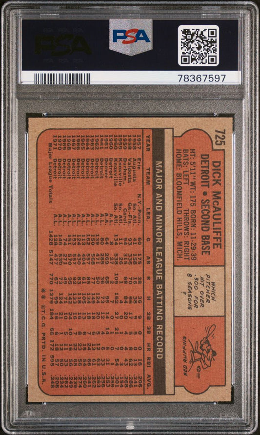 1972 Topps Baseball #725 - Dick McAuliffe - PSA 8 - NMMT