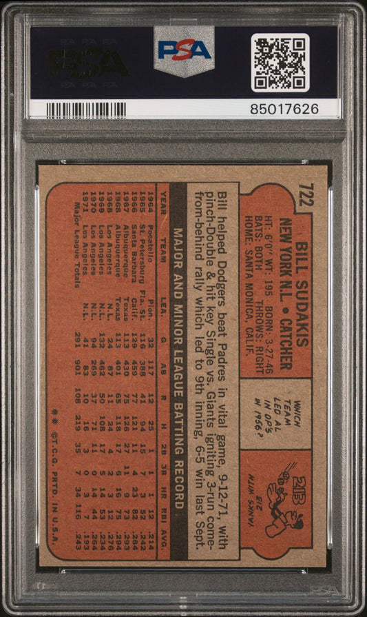 1972 Topps Baseball #722 - Bill Sudakis - PSA 9 - MINT