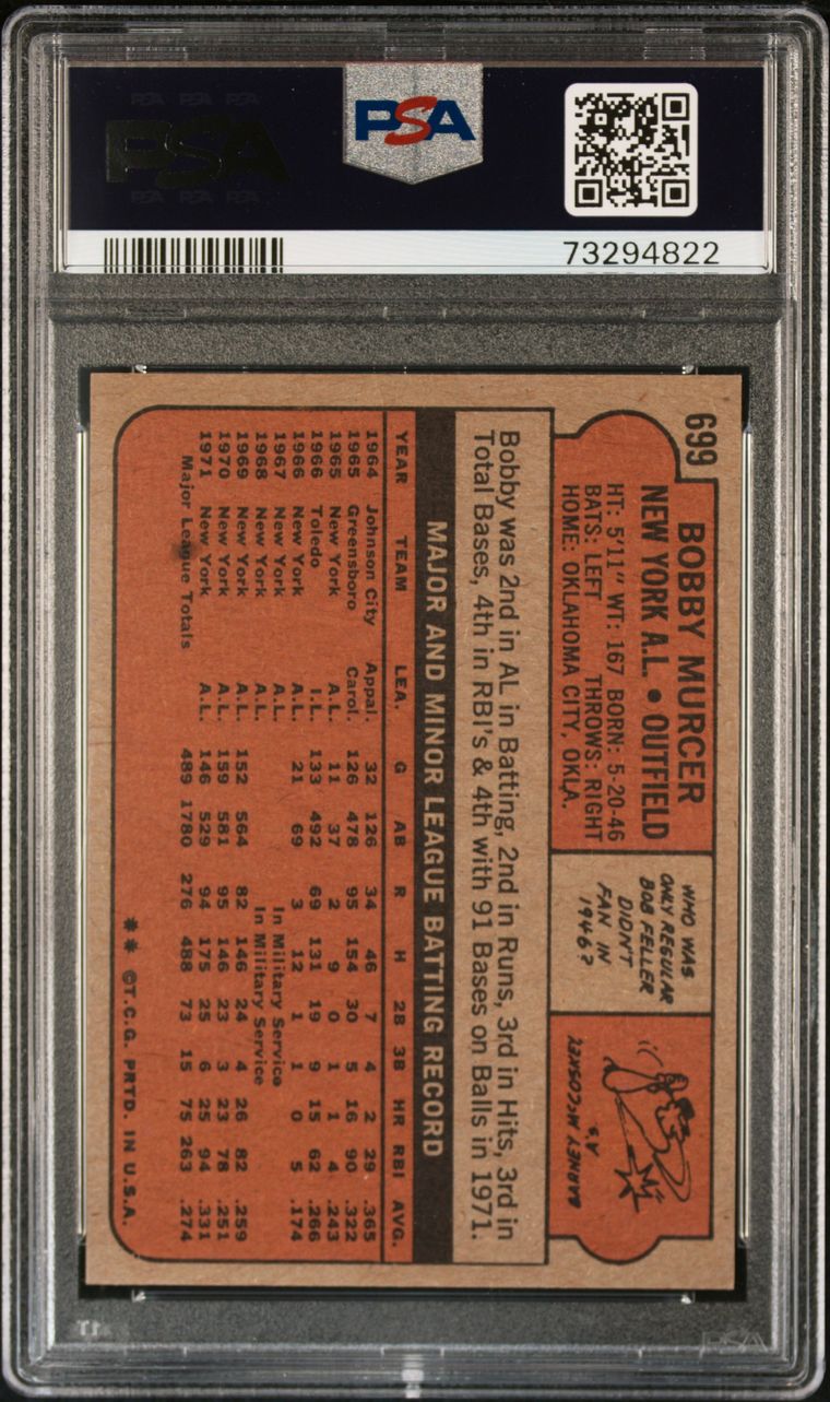 1972 Topps Baseball #699 - Bobby Murcer - PSA 8 - NMMT