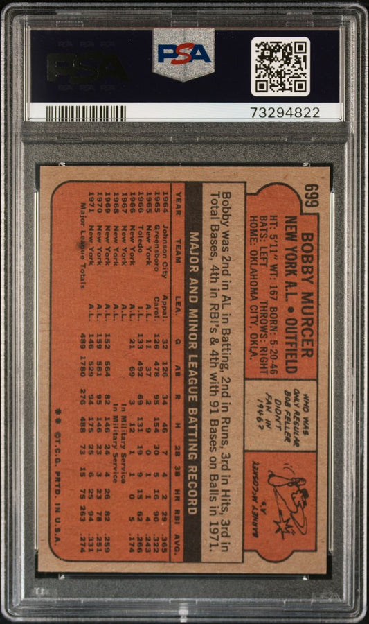 1972 Topps Baseball #699 - Bobby Murcer - PSA 8 - NMMT