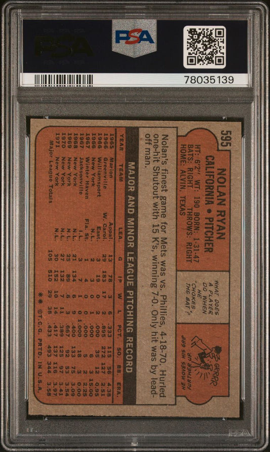 1972 Topps Baseball #595 - Nolan Ryan - PSA 8 - NMMT