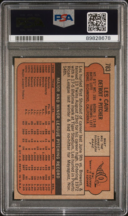 1972 Topps Baseball #783 - Les Cain - PSA 9 - MINT