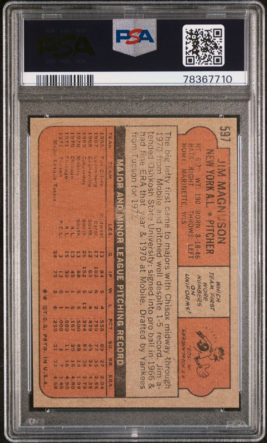 1972 Topps Baseball #597 - Jim Magnuson - PSA 8