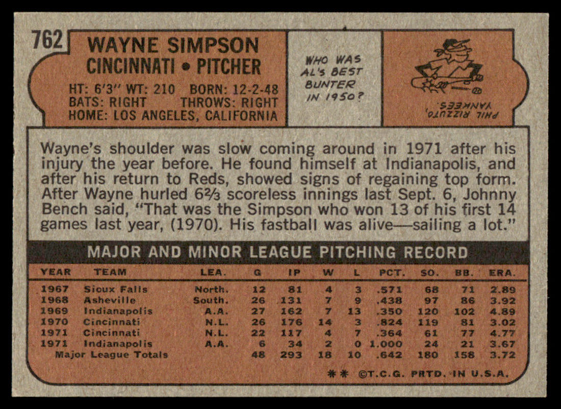 1972 Topps Baseball #762 - Wayne Simpson - NMMT
