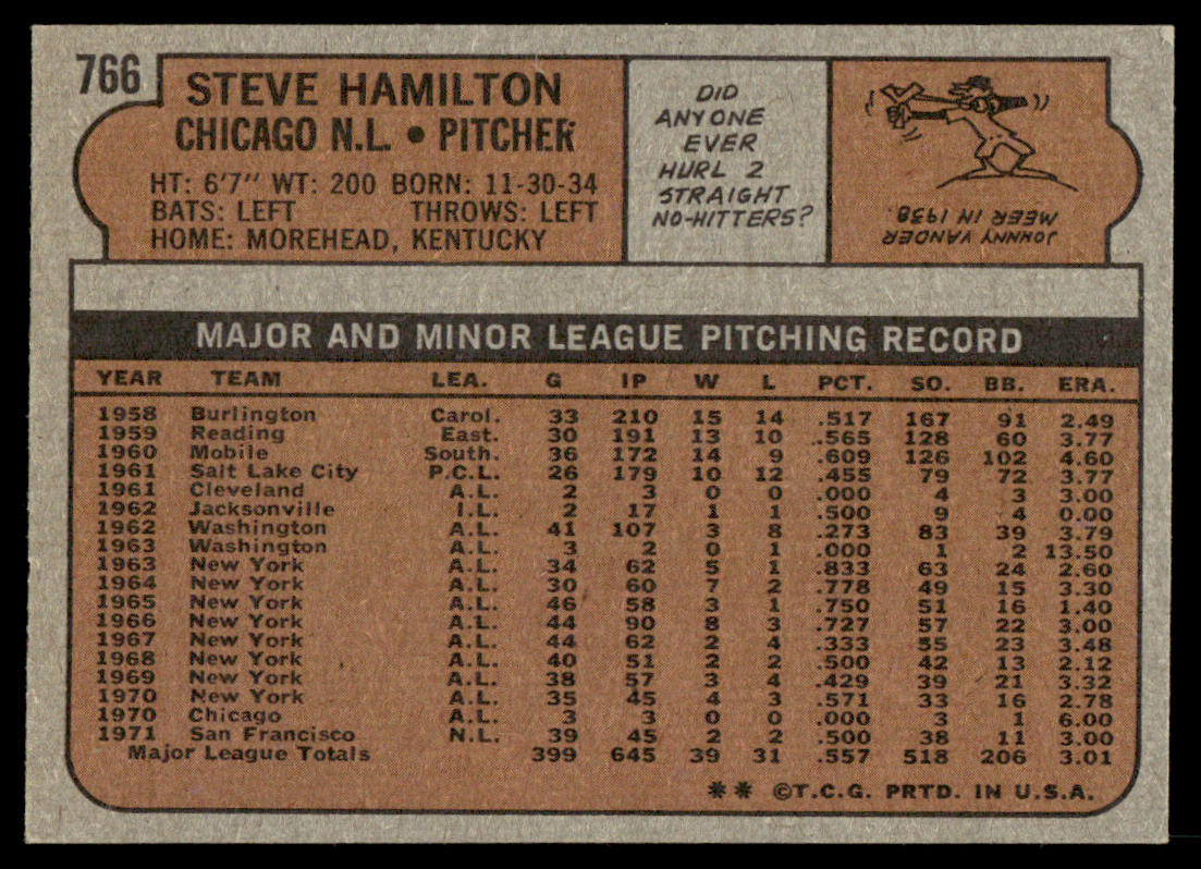 1972 Topps Baseball #766 - Steve Hamilton - NM