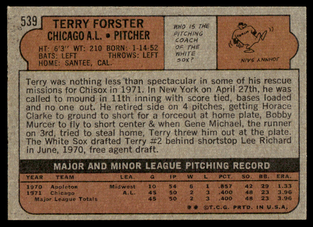 1972 Topps Baseball #539 - Terry Forster RC - NM