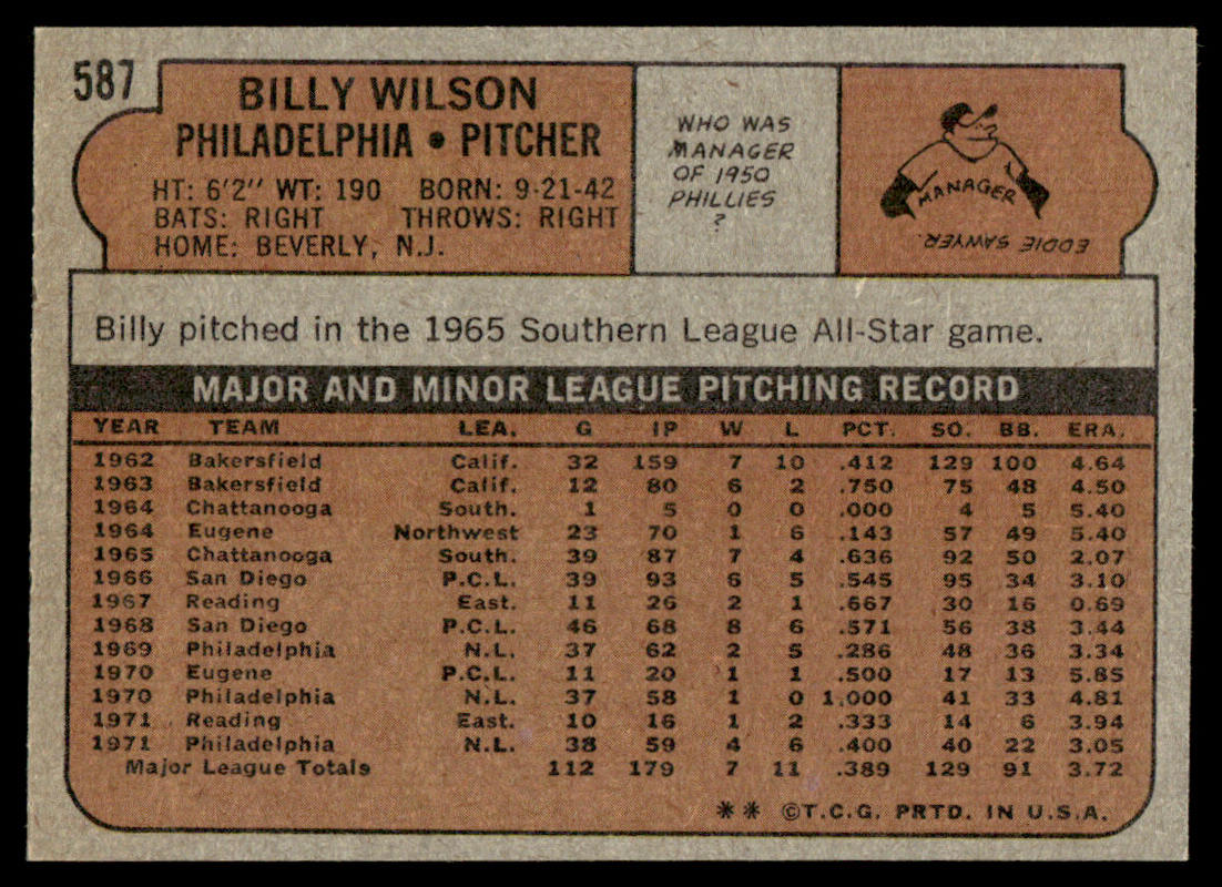 1972 Topps Baseball #587 - Billy Wilson - NM