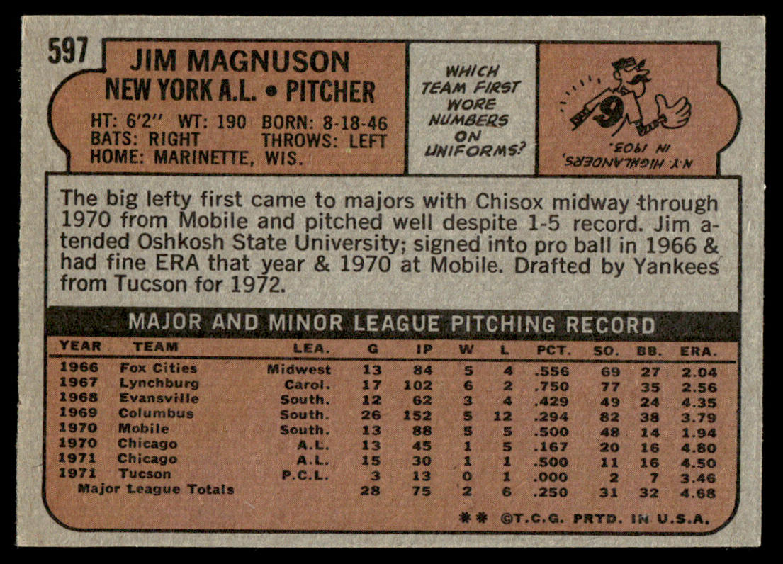 1972 Topps Baseball #597 - Jim Magnuson RC - EXMT