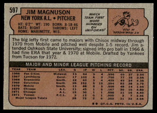 1972 Topps Baseball #597 - Jim Magnuson RC - EXMT