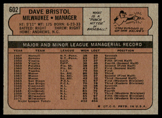 1972 Topps Baseball #602 - Dave Bristol - NM