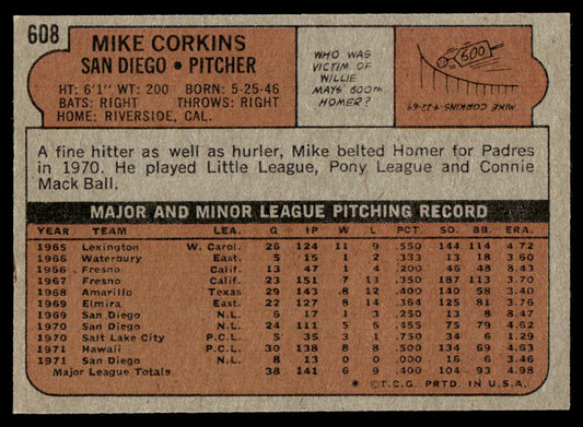 1972 Topps Baseball #608 - Mike Corkins - NMMT