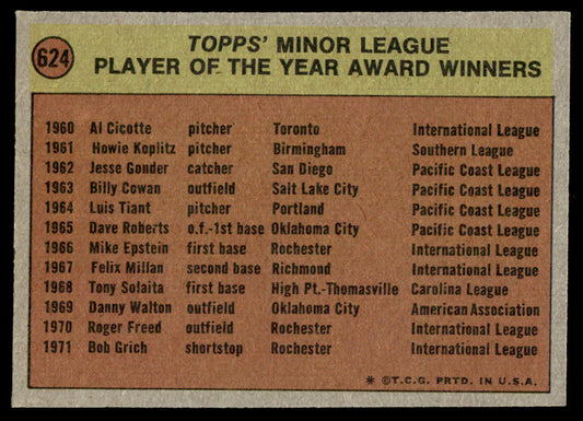 1972 Topps Baseball #624 - Minor League Player of the Year Award - EXMT