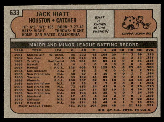 1972 Topps Baseball #633 - Jack Hiatt - EXMT