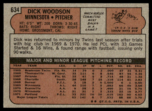 1972 Topps Baseball #634 - Dick Woodson - EXMT