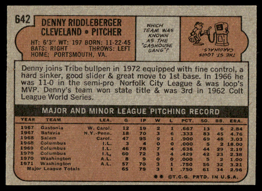 1972 Topps Baseball #642 - Denny Riddleberger - NM