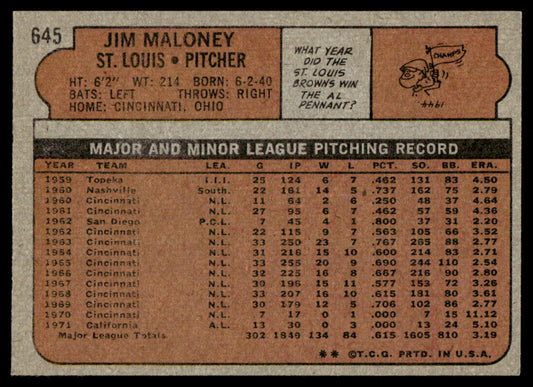 1972 Topps Baseball #645 - Jim Maloney - EXMT