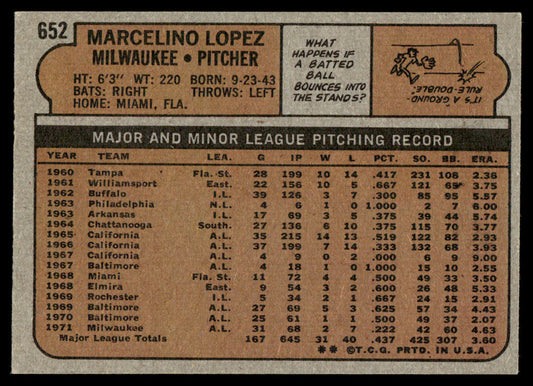 1972 Topps Baseball #652 - Marcelino Lopez - EXMT