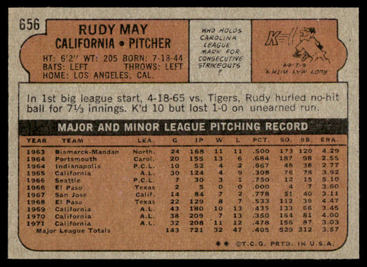 1972 Topps Baseball #656 - Rudy May - NM