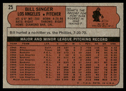 1972 Topps Baseball #25 - Bill Singer - NM