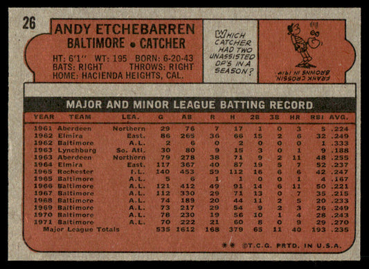 1972 Topps Baseball #26 - Andy Etchebarren - NM