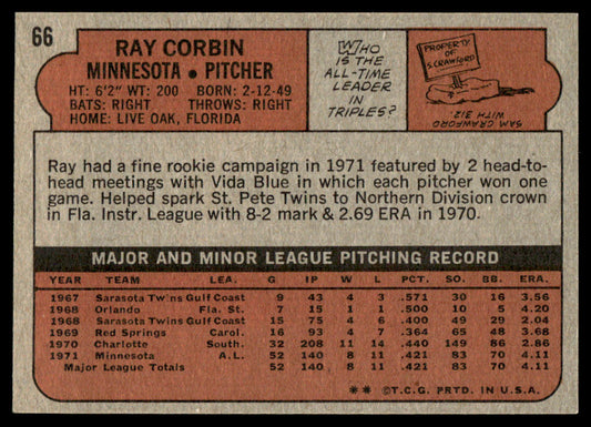 1972 Topps Baseball #66 - Ray Corbin RC - NMMT