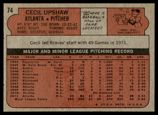 1972 Topps Baseball #74 - Cecil Upshaw - NM