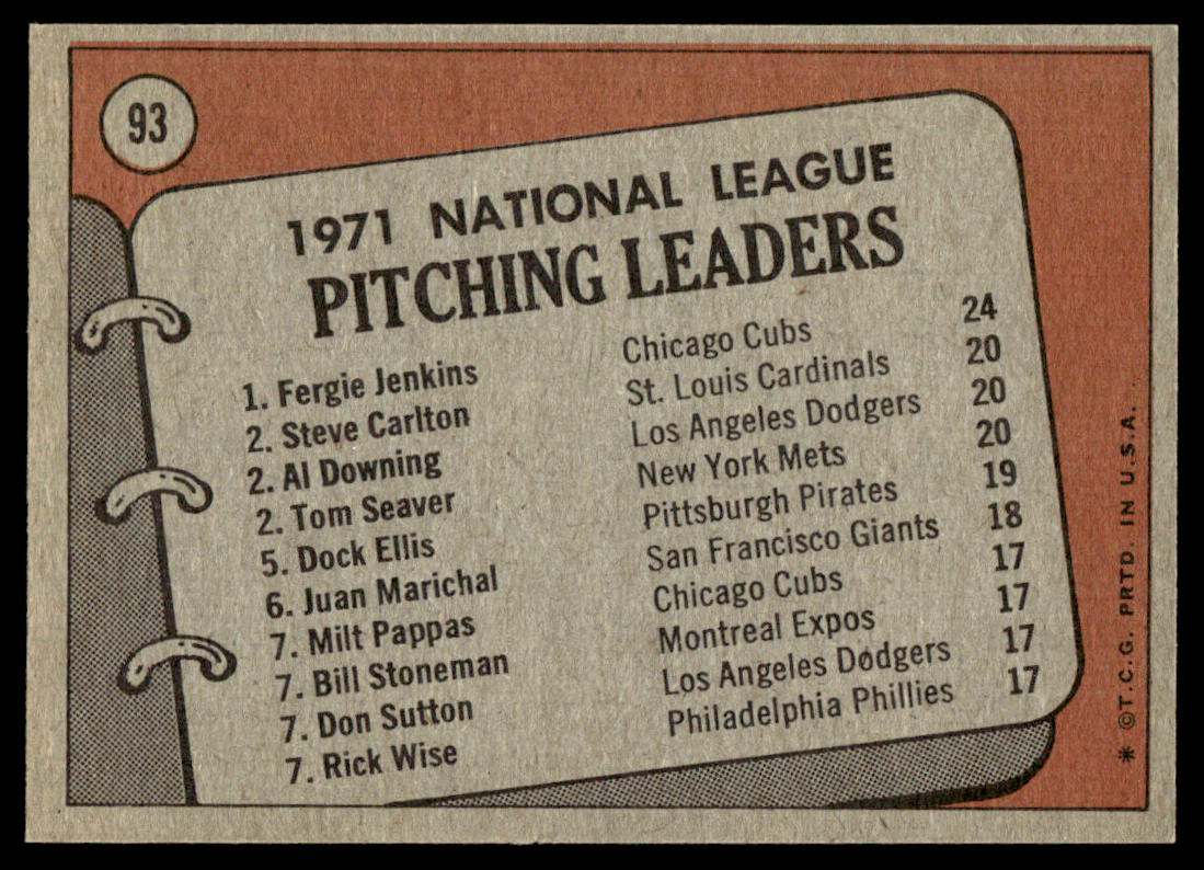 1972 Topps Baseball #93 - 1971 N.L. Pitching Leaders - EXMT