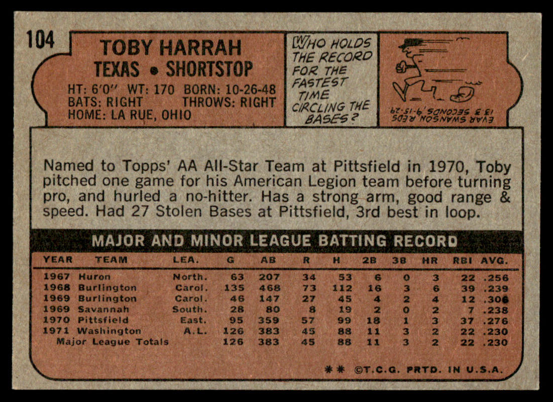 1972 Topps Baseball #104 - Toby Harrah RC - NM