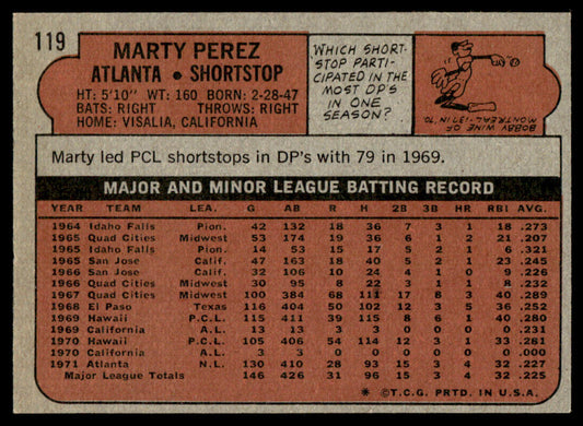 1972 Topps Baseball #119 - Marty Perez - EXMT