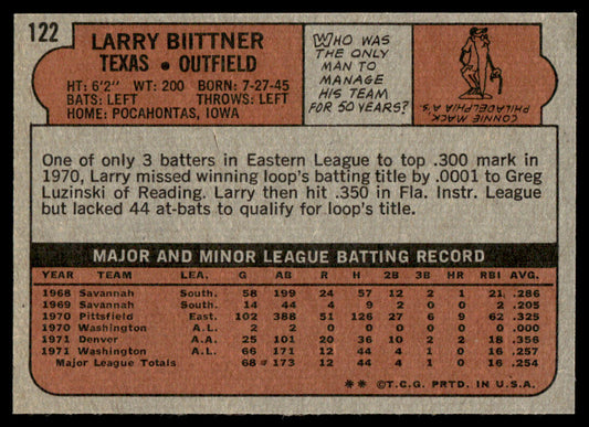 1972 Topps Baseball #122 - Larry Biittner RC - NM