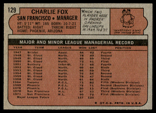1972 Topps Baseball #129 - Charlie Fox - EXMT