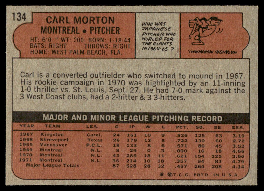 1972 Topps Baseball #134 - Carl Morton - NM