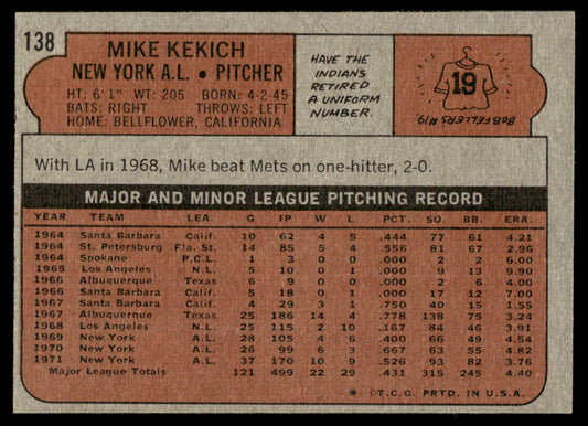 1972 Topps Baseball #138 - Mike Kekich - NM