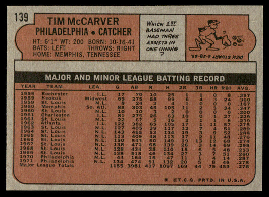 1972 Topps Baseball #139 - Tim McCarver - NM