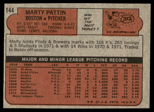 1972 Topps Baseball #144 - Marty Pattin - NM