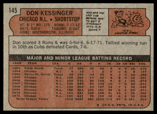 1972 Topps Baseball #145 - Don Kessinger - EXMT