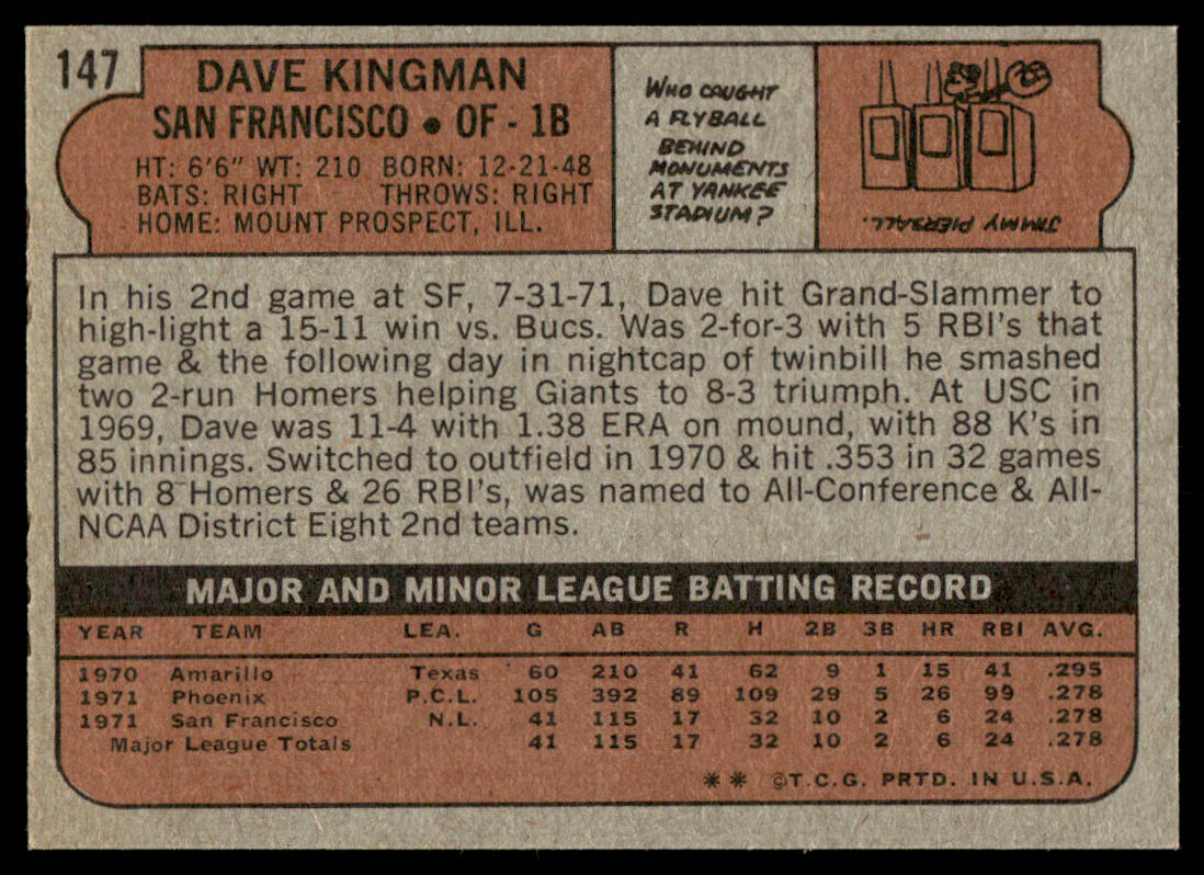 1972 Topps Baseball #147 - Dave Kingman RC - NM