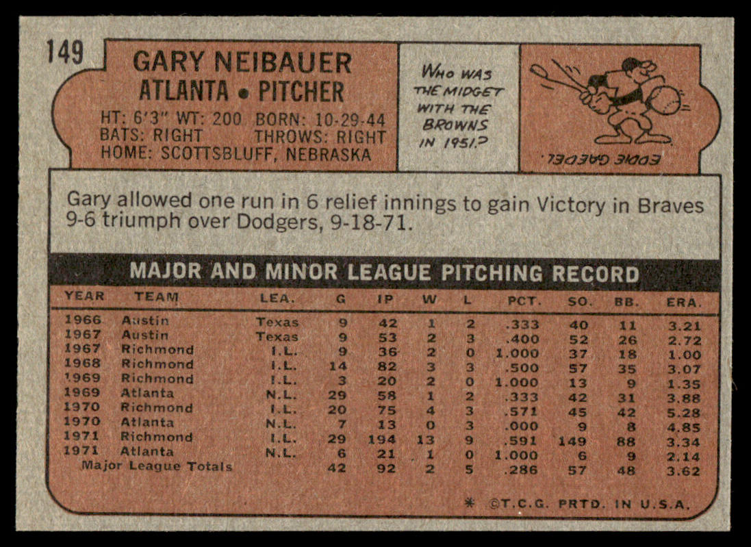 1972 Topps Baseball #149 - Gary Neibauer - NM