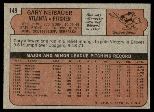 1972 Topps Baseball #149 - Gary Neibauer - NM