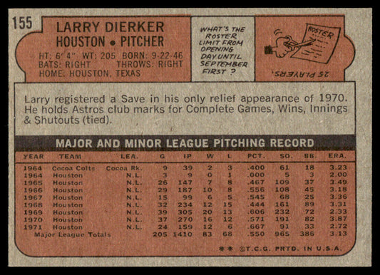1972 Topps Baseball #155 - Larry Dierker - EXMT