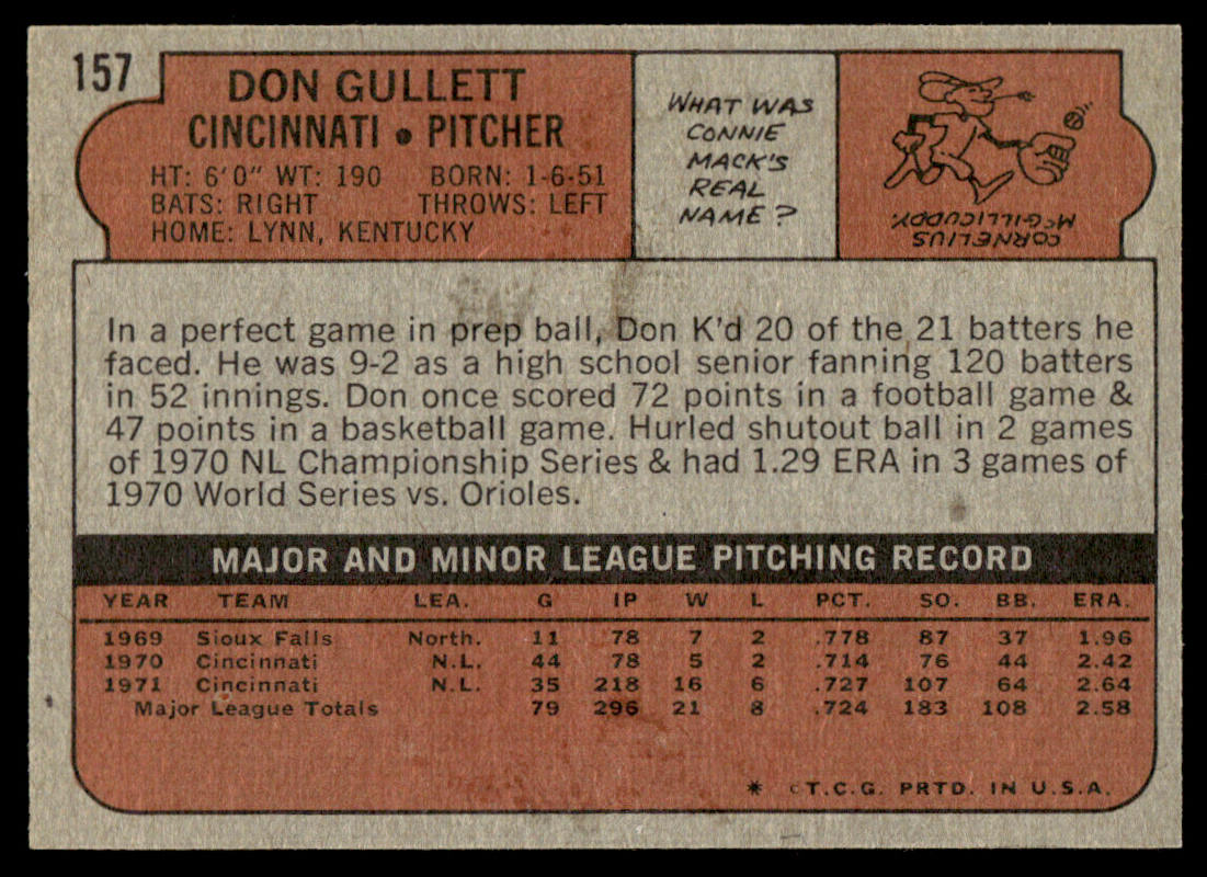 1972 Topps Baseball #157 - Don Gullett - NM