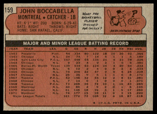 1972 Topps Baseball #159 - John Boccabella - NMMT