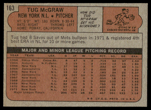 1972 Topps Baseball #163 - Tug McGraw - NM