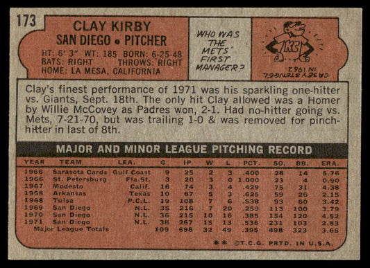 1972 Topps Baseball #173 - Clay Kirby - NMMT