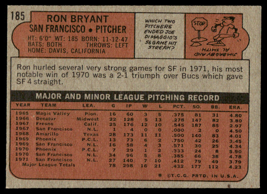 1972 Topps Baseball #185 - Ron Bryant - EXMT