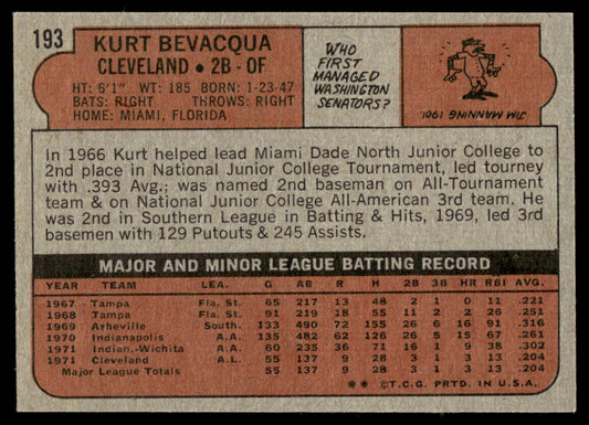 1972 Topps Baseball #193 - Kurt Bevacqua RC - NM