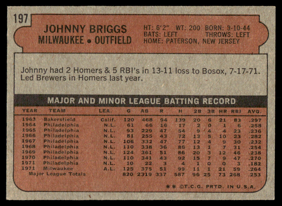 1972 Topps Baseball #197 - Johnny Briggs - NM