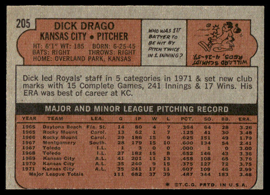 1972 Topps Baseball #205 - Dick Drago - NM